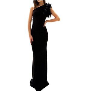 Enchanting Feather & Faux Fur Trim One Shoulder Black Maxi Dress